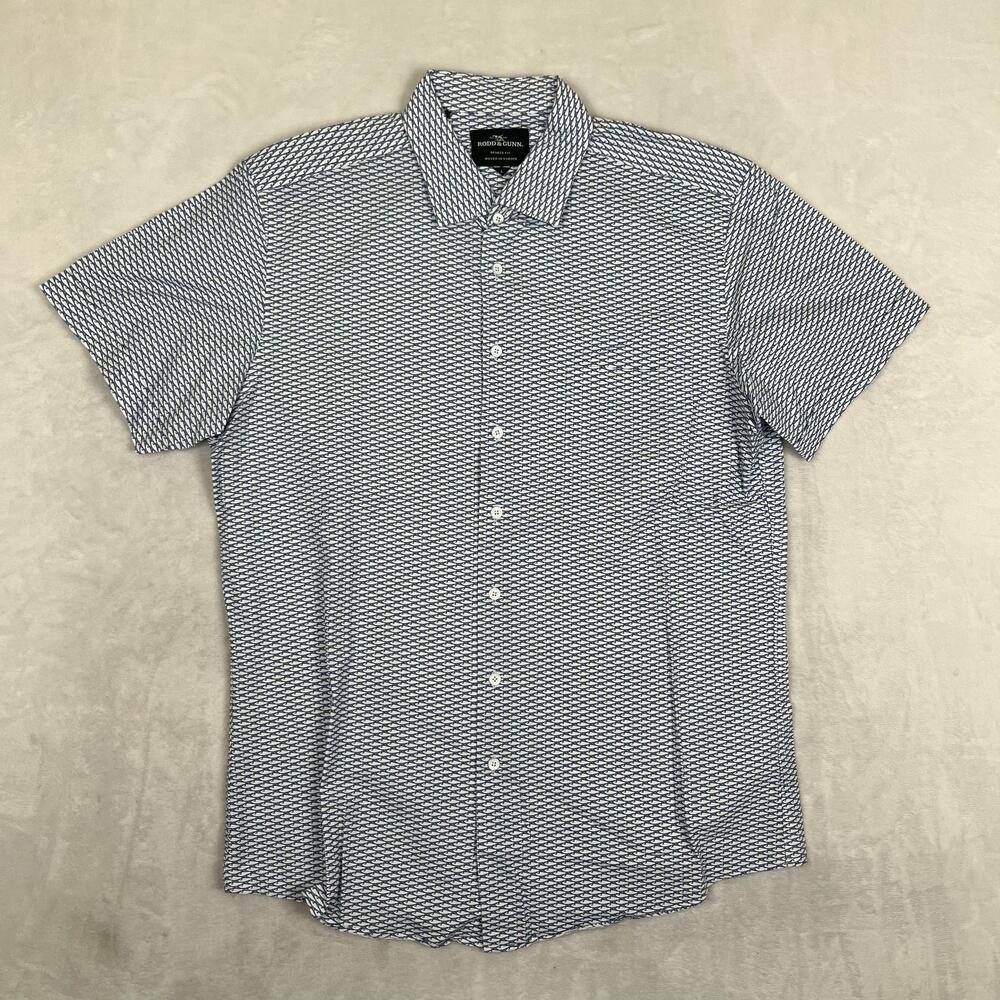 Rodd & Gunn Shirt Mens Large Blue Fish Print Short Sleeve Button Front Nautical